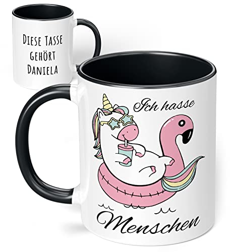 True Statements Tasse Ich hasse Menschen- personalisiert mit Wunsch-Namen - originelles Geschenk, Einhorn - innen schwarz