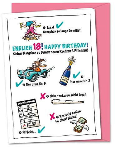 Geburtstagskarte zum 18. Geburtstag - weiblich, lustig und frech - zur Volljährigkeit, Karte zum 18., zum Erwachsen werden - für Mädchen, Mädels, Töchter - XXL Karte inklusive Umschlag (DIN A4)