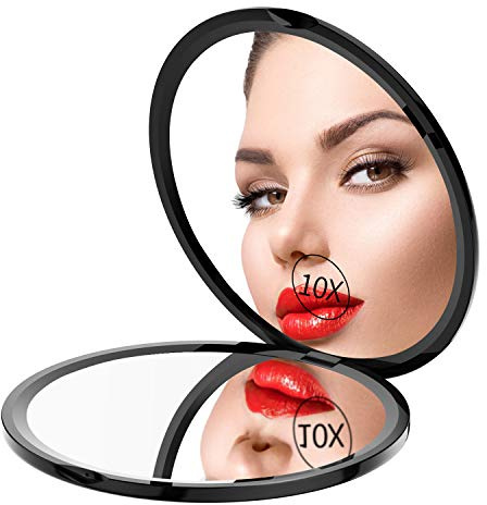 Gospire 10,2 cm ultradünner Taschen-Make-up-Spiegel für Reisen, 1x/10-fache doppelseitige Vergrößerung, tragbar, kompakt, Handtasche, Handheld, rund, Faltbarer Kosmetikspiegel für Frauen (schwarz)