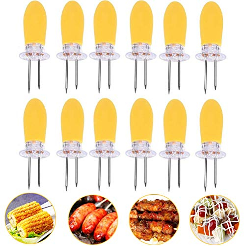 DesignerBox Juego de 12 soportes para mazorca de maíz de acero inoxidable con mango de silicona, pinchos de maíz en la mazorca, pinchos de doble punta, tenedores de maíz, horquillas de maíz,