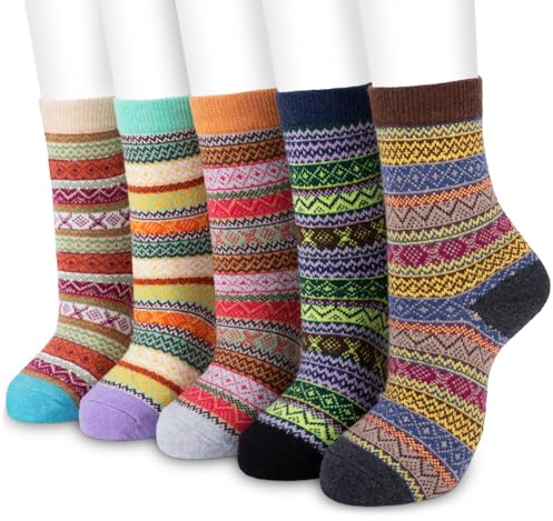 Women Winter Socks, SMALUCK 5 Pairs Thermal Wool Warm Knitting Ladies Socks Vintage Style Cotton Thick Bed Sock Multicoloured for Home Office School, 4/8 UK