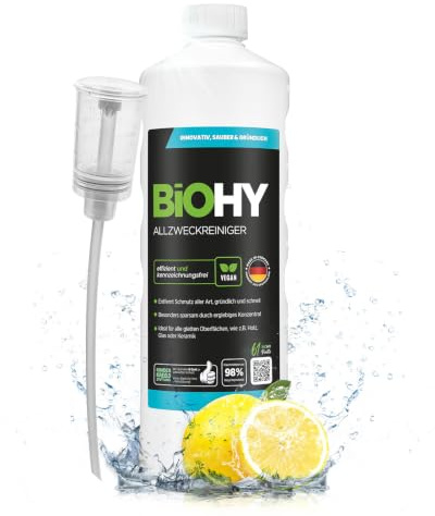 BiOHY Allzweckreiniger (1L) + Dosierer | Bodenreiniger Konzentrat für Parkett, Fliesen & Hartböden | Reiniger für Wischroboter, Saugwischer & Saugroboter | Schaumarmes, ergiebiges Reinigungsmittel