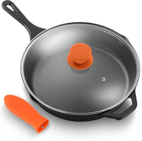 NutriChef Cast Iron Skillet Pan w/ Lid, Pre Seasoned Cast Iron Pan, Cast Iron Frying Pans Nonstick, Oven Safe Cookware w/ Silicone Handle, Drip Spout, Indoor/Outdoor Use, For Induction & All Cooktops