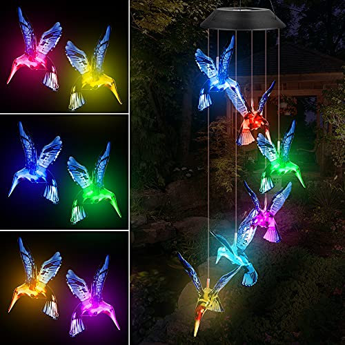 Fohil Windspiel Solar - Kolibris Windspiele für Draußen, Solarleuchten LED Mobile Windspiele Farbwechsel Wasserdicht Haengende Gartenlampe Außen für Garten Hof Rasen Wege Balkon Terrasse Party Deko