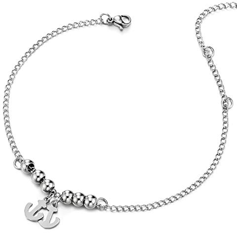 COOLSTEELANDBEYOND Edelstahl Gliederkette Damen-Fußkette Fußkettchen mit Wulst Schnur Zwei Baumelnde Anker Charms