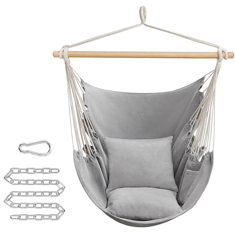 SONGMICS Hängesessel, Hängeschaukel, Hängestuhl mit 2 Kissen, Metallkette, bis 150 kg belastbar, Indoor und Outdoor, Wohnzimmer, Schlafzimmer, Taubengrau GDC187G01