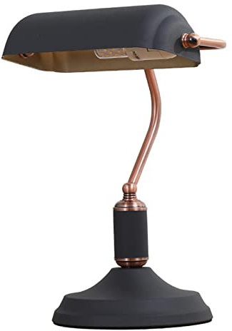 HJXDtech Vintage Industrial Desk Lamp, Black Metal Shade with Rose Gold Gooseneck Arm Banker's Lamp for Study Office Bedroom Reading Table Light