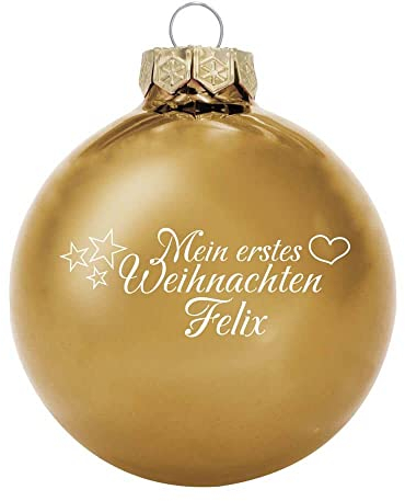 Deitert Weihnachtskugel mit Wunschtext Gravur, Ø 8cm, personalisierte Christbaumkugel aus Glas (glänzend), Individueller Weihnachtsbaumschmuck Namen oder Spruch, Mein erstes Weihnachten, Gold