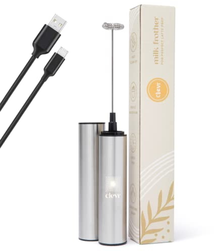 Clevr Mélanges Mousseur à lait, mélangeur manuel pour café, matcha, chocolat chaud, boissons protéinées, latte, thé, fouet portatif rechargeable en acier inoxydable, baguette à mousser rapide et