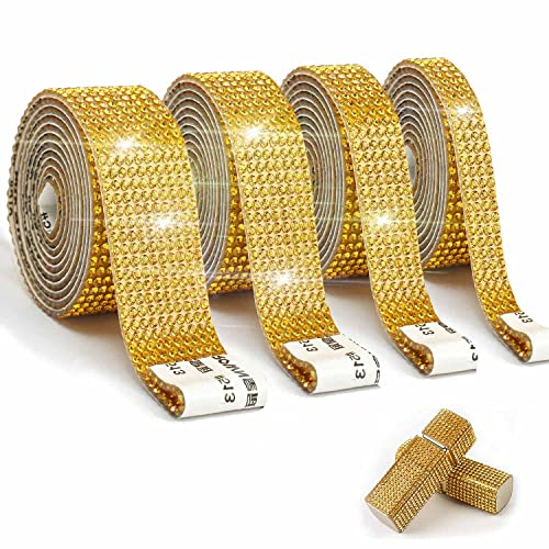 EANLOLY 4 Rollen Strass Selbstklebendes Band Kristall Dekoration Diamant Aufkleber für Kunst Handwerk, DIY Veranstaltung Auto Telefon Dekoration(Gold)