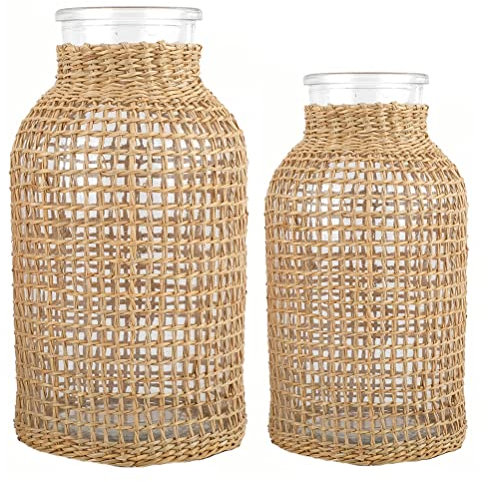 DOITOOL Glas-Blumenvase mit Rattan-Abdeckung Blumenknospen-Vase runde dekorative Blumenvase Blumenbehälter Bauernhaus Blumenflasche für Blumenarrangements Einweihungsparty-Dekor (S+L)