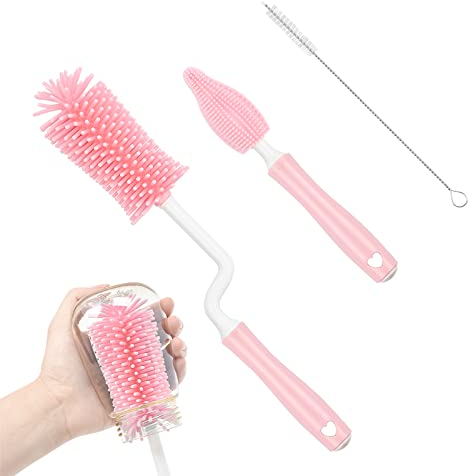 Vesaneae 3 Piezas Cepillo para Biberones, Cepillo de Limpieza para Botella de Bebé, Cepillo de Silicona para Botella, Cepillo de Pezón, Limpieza de Biberón Escobilla, Limpiabotellas Cepillo