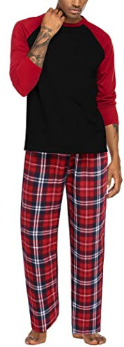 ADOME Pyjama Homme Manga Larga Vêtements de Nuit Long Conjuntos de Pijama Carreaux Coton 2 Piezas Ropa de Dormir Poche Respirant Manches Longues Sleepwear, Rouge + Noir 1,