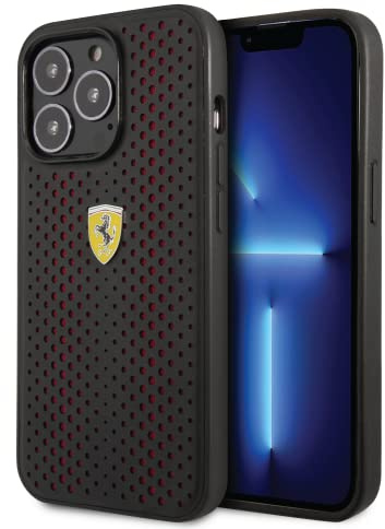CG MOBILE Ferrari Schutzhülle aus PU-Leder, perforiert, mit Nylon-Basis und gelbem Schild-Logo, kompatibel mit iPhone 14 Pro, Rot