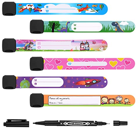 Vicloon Notfall-Armband für Kinder, 6 Stück SOS Armband mit 1 Marker Stift, ID Armband, Kinder Namensarmband Wasserdichtes Wiederverwendbares für Jungen, Mädchen & Kleinkind Baby