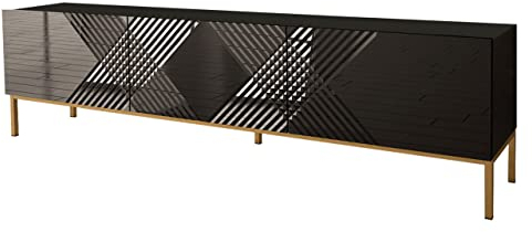 Mirjan24 TV Schrank Elarate 190, Fernsehschrank, TV Lowboard mit Griffloses Öffnen, Fernsehtisch, TV Tisch, Unterschrank, TV Board, Schrank, TV Bank (schwarz/schwarz Hochglanz)
