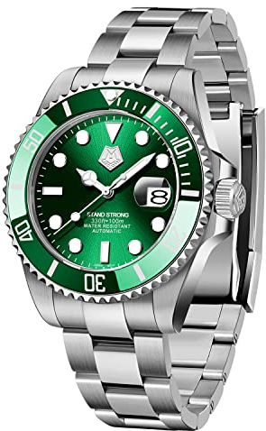 MEGALITH Herren Uhr Automatik Taucheruhren Edelstahlband Keramiklünette Herrenuhr Saphir Gebogener Spiegel wasserdichte Automatikuhr Kalender Grün