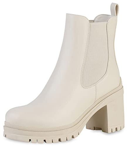 VAN HILL Damen Chelsea Boots Stiefeletten Blockabsatz Schuhe Profilsohle Freizeit Booties Plateau Vorne Schlupfschuhe 208332 Beige 41