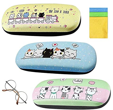 WACH AUF 3 Pezzi Custodia Rigida Occhiali Gatto Portaocchiali Astuccio Bambina Custodia Portatile per Occhiali Viaggio con 3 Panni Pulizia per Donna Ragazza bambino Studio Lavoro