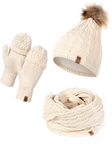 HEYO Mütze Schal Handschuh Set für Damen | Gefütterte Wintermütze mit Kunstfellbommel | Großer Loop Schal | Gestrickte Finger/Fingerlose- Winterhandschuhe für Touchscreen (Beige)