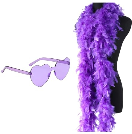 Federboa und Sonnenbrille, 2 Meter, für Fasching und Basteln, Federboas und herzförmige Sonnenbrille, Partyzubehör für Tanzen, Hochzeit, Verkleidung, Halloween, Kostümdekoration (Lila 01)