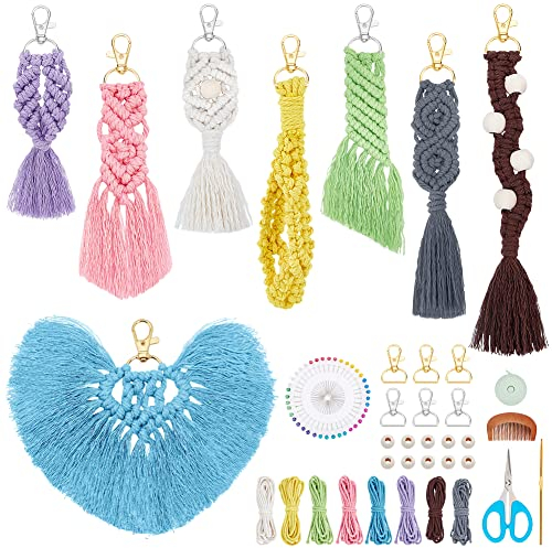 INFUNLY 8 Set DIY Macrame Kit für Erwachsene Anfänger Macrame Wristlet Schlüsselanhänger Kits Bunte mit Quasten Anleitung Video für Autoschlüssel Geldbörse Geldbörse Charm