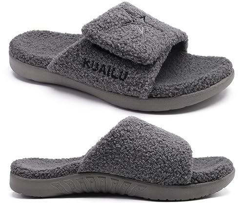 KuaiLu Hausschuhe Herren 42 Winter Warme Flauschige Fussbett Sandalen für Männer mit Klettverschluss Offener Zeh Plüsch Orthopädische Hausschuhe mit Arch Support, Grau Weihnachts