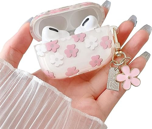 MINSCOSE Kompatibel mit AirPods Pro 2 Klar Hülle,Niedliches Cartoon Blumenmuster Design mit floralem Schlüsselanhänger,Weiches TPU Schützendes Stoßfestes Gehäuse für AirPod Pro 2 für Mädchen-Rosa
