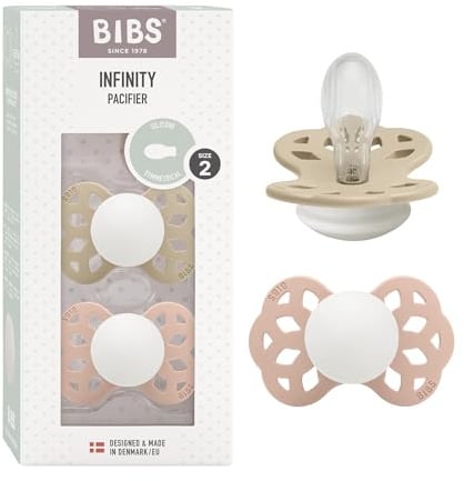 BIBS Infinity GLOW Schnuller, 6-18 Monate, 2er-Pack, Vanilla/Blush | Symmetrischer Sauger | Silikon | Größe 2 | BPA-frei | Hergestellt in Dänemark | Leuchtring | Hohe Akzeptanz | Luftlöcher