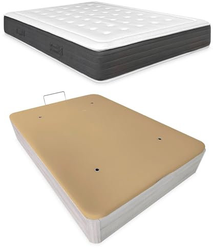 Somnia Descanso - Pack Colchón Viscoelástico Premium Creta 24cm + Canapé Madera Abatible Extra Reforzado con Gran Capacidad | Color Polar 150 x 190