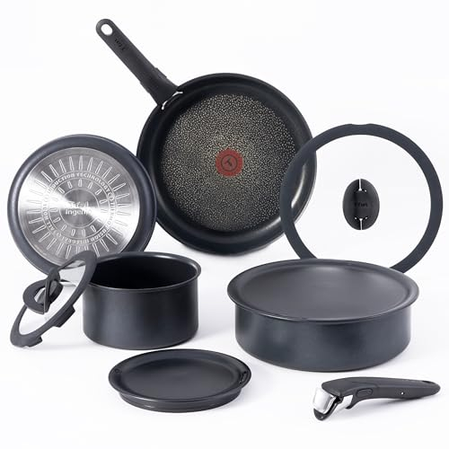 T-fal Ingenio Expertise Non Stick Cookware Set 10 Piece, Induction, Oven Broiler Safe 500F, Stackable Cookware, Pots and Pans Set, RV, Camping, Frying Pans, Dishwasher Safe, Detachable Handle,Black