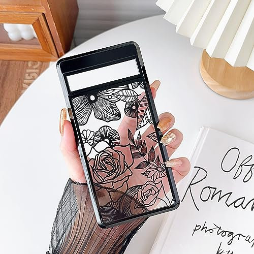 XIZYO Clear TPU Case for Google Pixel 8, Cute Rose Flower Floral Pattern Soft Slim Shockproof Phone Cover, for Girls Women Luxury Anti-Scratch Transparent Protective Case, Black