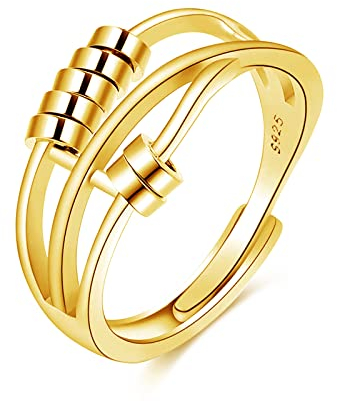 Kamise 925 Sterling Silber Angst Ring für Damen, Unisex Anxiety Spinning Ring, Gold Einstellbar, Verstellbar Fidget Spinner Anti Stress Stimmungsring Dekompressionsring