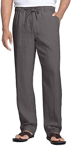COOFANDY Herren Lang Hose Leinenhose Einfarbig Freizeithose Lässige Strandhose Yoga Hose Leichte Sommerhose Lange Hosen Regular Fit Leinen-dunkelgrau L