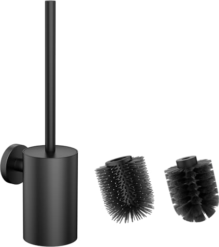 WAVEWO Klobürste mit Wandmontage , Silikon WC-Bürste und Halter, Quadratische WC-Bürste aus 304-Edelstahl Inklusive 2 Bürstenköpfe (Rund Schwarz)