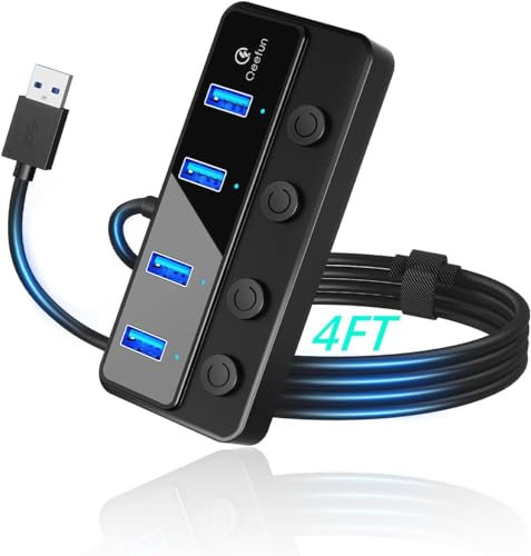 Qeefun 4-Port USB Hub 3.0, individuelle LED Power Switches, 4ft USB Verlängerung, 5V/3A USB Extender für Laptop, PC, USB Flash Drives, und mehr