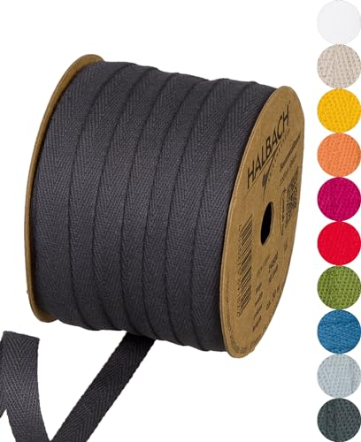 Halbach Seidenbänder Baumwollband | 10mm x 30m | Webband 100% Baumwolle | Bänder zum Basteln als Meterware | Stoffband für Dekorationen, DIY Handwerk, Schrägband Näharbeiten, Farbe: dunkelgrau