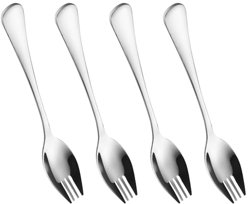 FIBOUND 4 Piezas de Tenedor para Ensalada de Acero Inoxidable, Tenedor con Mango Largo de Acero Inoxidable, Cuchara Y Tenedor Portátil en Uno, Adecuados para Frutas, Postres, Pasta (Plateado)
