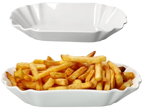 MamboCat Lot de 2 bols à frites - Assiettes ovales en porcelaine blanche - Assiettes à viandes avec relief pour accompagnements, saucisses, frites et pépites - Assiettes de service réutilisables