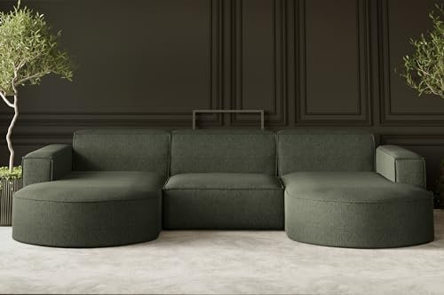 Kaiser Möbel - Ecksofa mit Wohnlandschaft, Sofa U-Form, Polstersofa, Bequemes Couch mit Ottomanen für Wohnzimmer, Relaxsofa, Bigsofa, Lounge-Set U Form, Verita Stoff, Modena U Studio, Grün