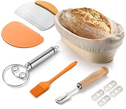 GMISUN Bread Proofing Basket, 6Pcs Sourdough Proving Basket, Oval Proving Baskets For Bread Making, Sourdough Basket, Bread Making Kit with Liner, Dough Whisk, Scraper, Cutter, Brush, Bread Lame