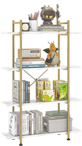 Huhote 4 Tiers Bookshelf, Bookcase with Open Shelves, Floor Standing Book Shelf, Wooden Storage Shelf, Tall Bookcase, Modern Open Display Shelf for Living Room, Bedroom, Kitchen, Office, Study (Gold)