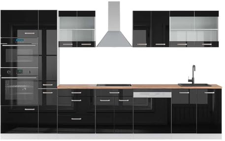 Vicco Küchenzeile R-Line, Schwarz Hochglanz/Weiß, 350 cm | 9 Module · Höhenverstellbare Füße · AP Eiche inkl. · Robuste Fronten · Mit Backofen-/Mikrowellenschrank