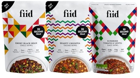 Fiid 100% Natural Vegan Microwave Sharing Ready Meals Flavour Multipack - 3 x 275g - Mexican Chilli, Italian Sundried Tomato, Moroccan Tagine (Vegetarian Family Food Pouch, High in Fibre & Protein)