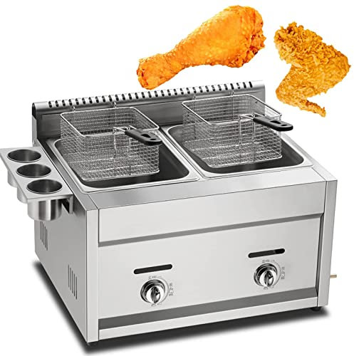 MAHNFEID Freidora a Gas de Acero Inoxidable, freidora Comercial para Patatas Fritas con cestas y Tapa, freidora de Acero Inoxidable, Potencia de Fuego Ajustable Independiente para Patatas Fritas, Don