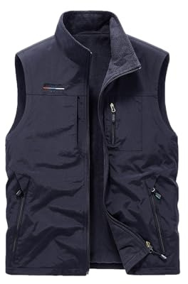 Vivikivi Gilet da uomo in pile invernale da uomo, impermeabile, caldo, senza maniche, con tasche, reversibile, per pesca, fotografia, sport all'aria aperta, blu navy, 6XL