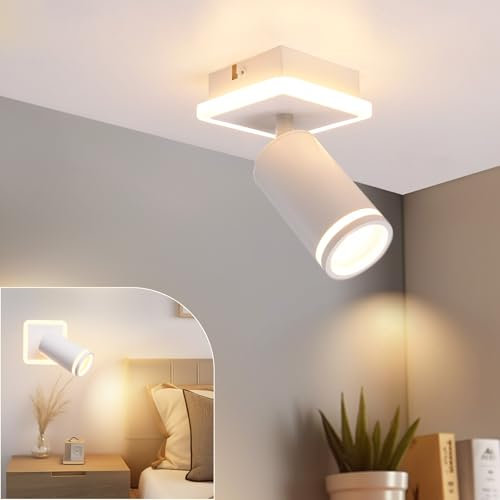URing LED Deckenstrahler 1 Flammig Weiß - Schwenkbar 350° - Spots Deckenleuchte Rund Deckenlampe strahler Wandstrahler mit unteres Glühen 4W+5W GU10 Deckenspots 3000K Warmweiß Küchenlampe