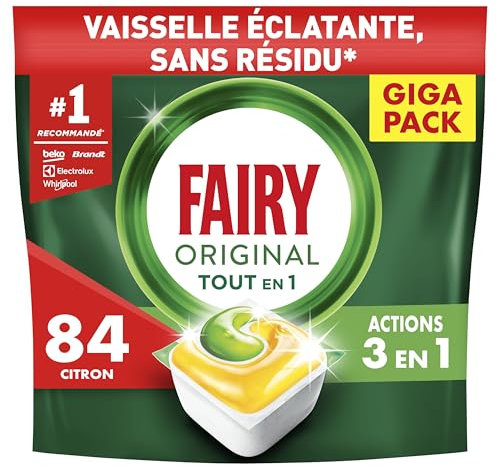 Fairy Original Tablettes Lave-Vaisselle Tout En 1 Parfum Citron, 84 Capsules, Efficaces Contre Graisse Incrustée, Action Sel et Rinçage, Protection Verre et Argent, Dissolution Rapide