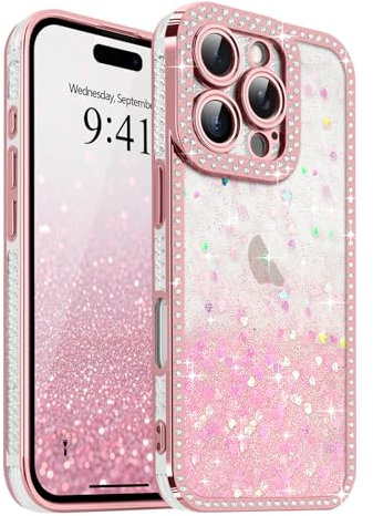 Ethanger for Sparkling Gradient Glitter Case for iPhone 16 Pro Max, Crystal Rhinestone Border Heart Back Cover for Girl Women Shockproof Soft TPU Cover for iPhone 16 Pro Max, Pink