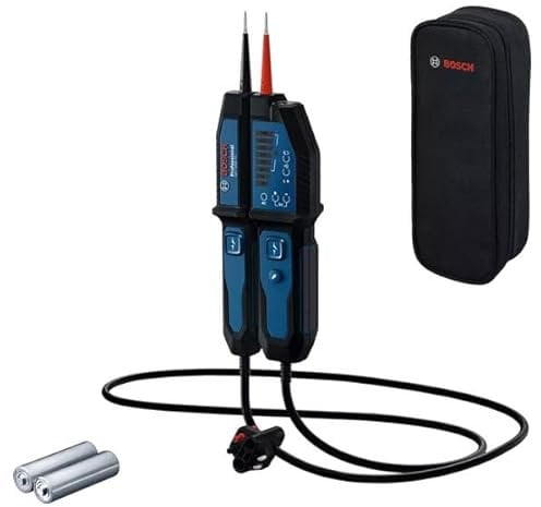 Bosch Professional Spannungsprüfer GVT 1000-15 (Spannungsprüfung bis 1000 V AC/DC, LED-Feedback, Summer, Vibrationsalarm, IP65, eingebaute Taschenlampe, 125 cm Kabel, 2x1,5 V LR03 (AA), Tasche)